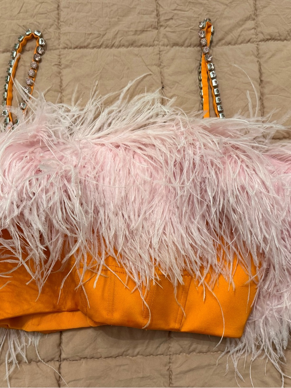 Self-Portrait Orange Satin top with Pink Feather Trim
